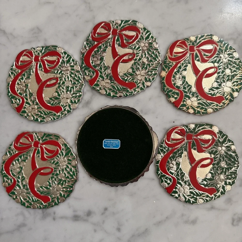 Vintage Holiday 6 Wreath Coasters Oneida Japan Silver Plate, Rogers 1988